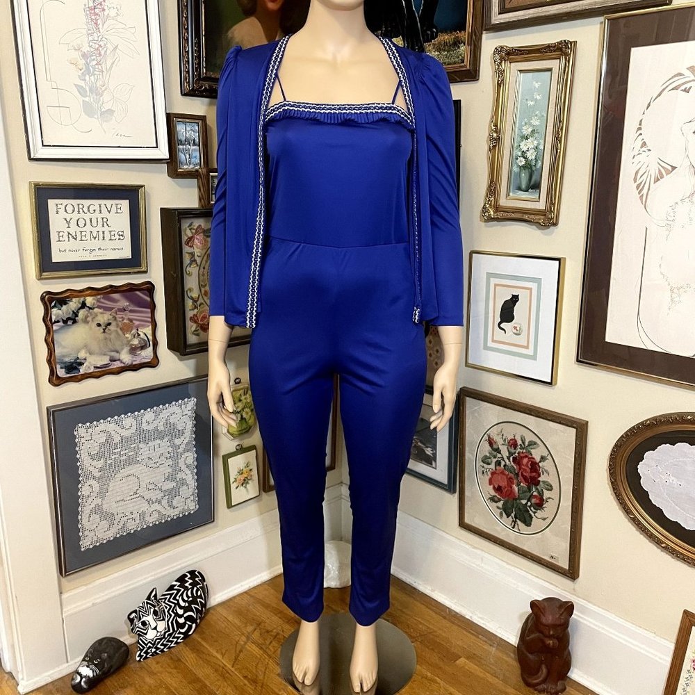 80s Vintage JCPenney Blue Polyester Jumpsuit and Jacket Set with Braided Trim